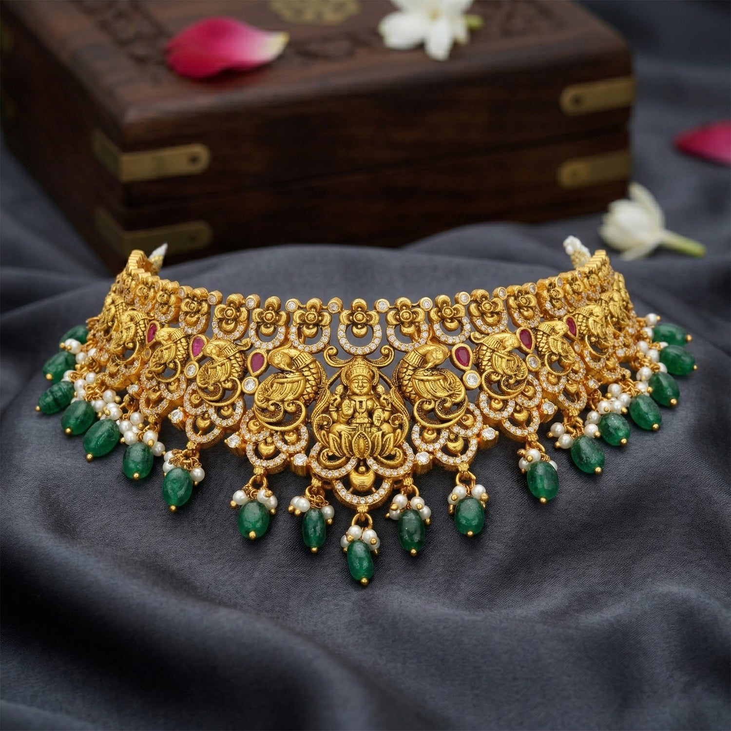 Grand Golden Goddess Lakshmi Peacock Motif 925 Sterling Silver Green Bead Drop Chocker for Women