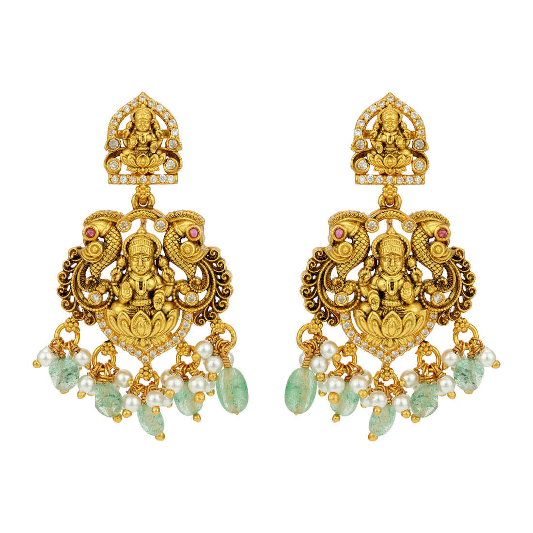 Grand Golden Goddess Lakshmi Peacock Motif 925 Sterling Silver Pearl Green Drop Earring for Women