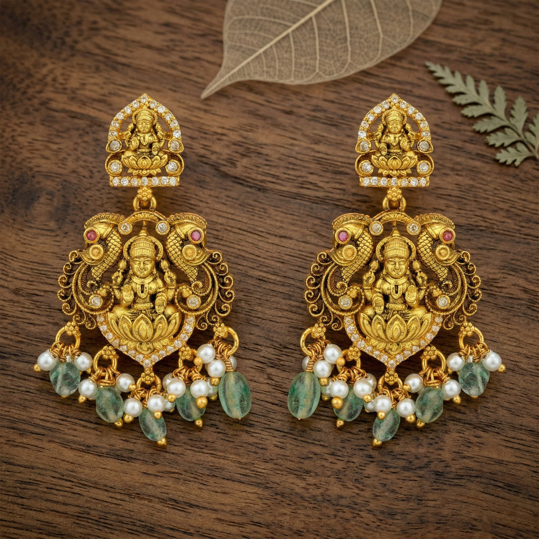 Grand Golden Goddess Lakshmi Peacock Motif 925 Sterling Silver Pearl Green Drop Earring for Women