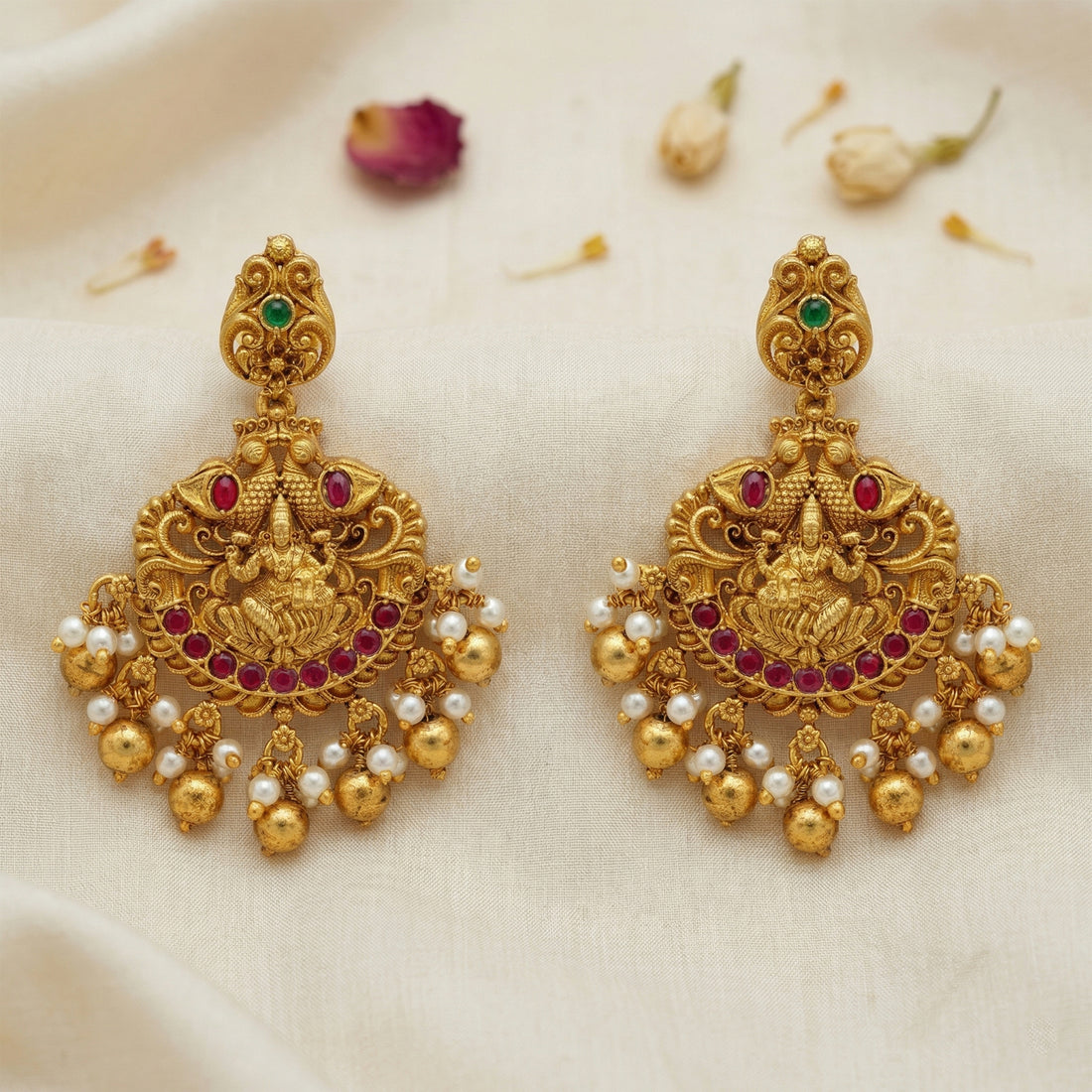 Grand Golden Lakshmi Twin Peacock Motif 925 Sterling Silver Gold Drop Earring for Women