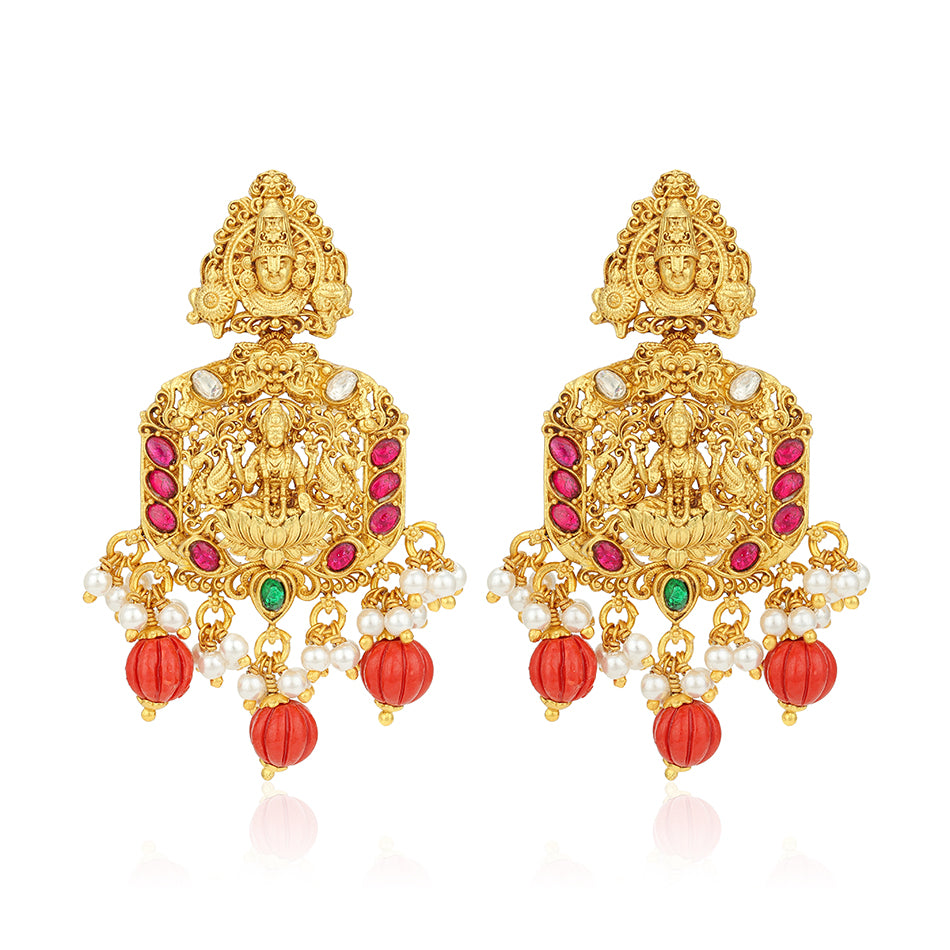 Grand Golden Lord Venkatesa Lakshmi Ratha 925 Sterling Silver Pearl Coral Drop Earring for Women