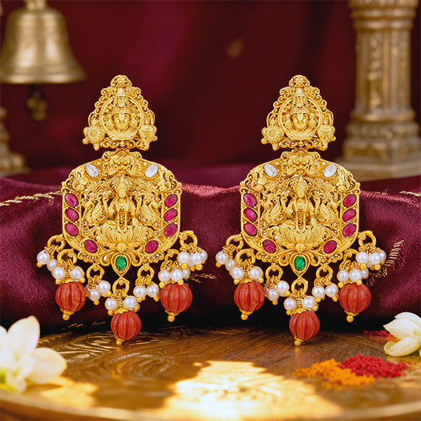 Grand Golden Lord Venkatesa Lakshmi Ratha 925 Sterling Silver Pearl Coral Drop Earring for Women