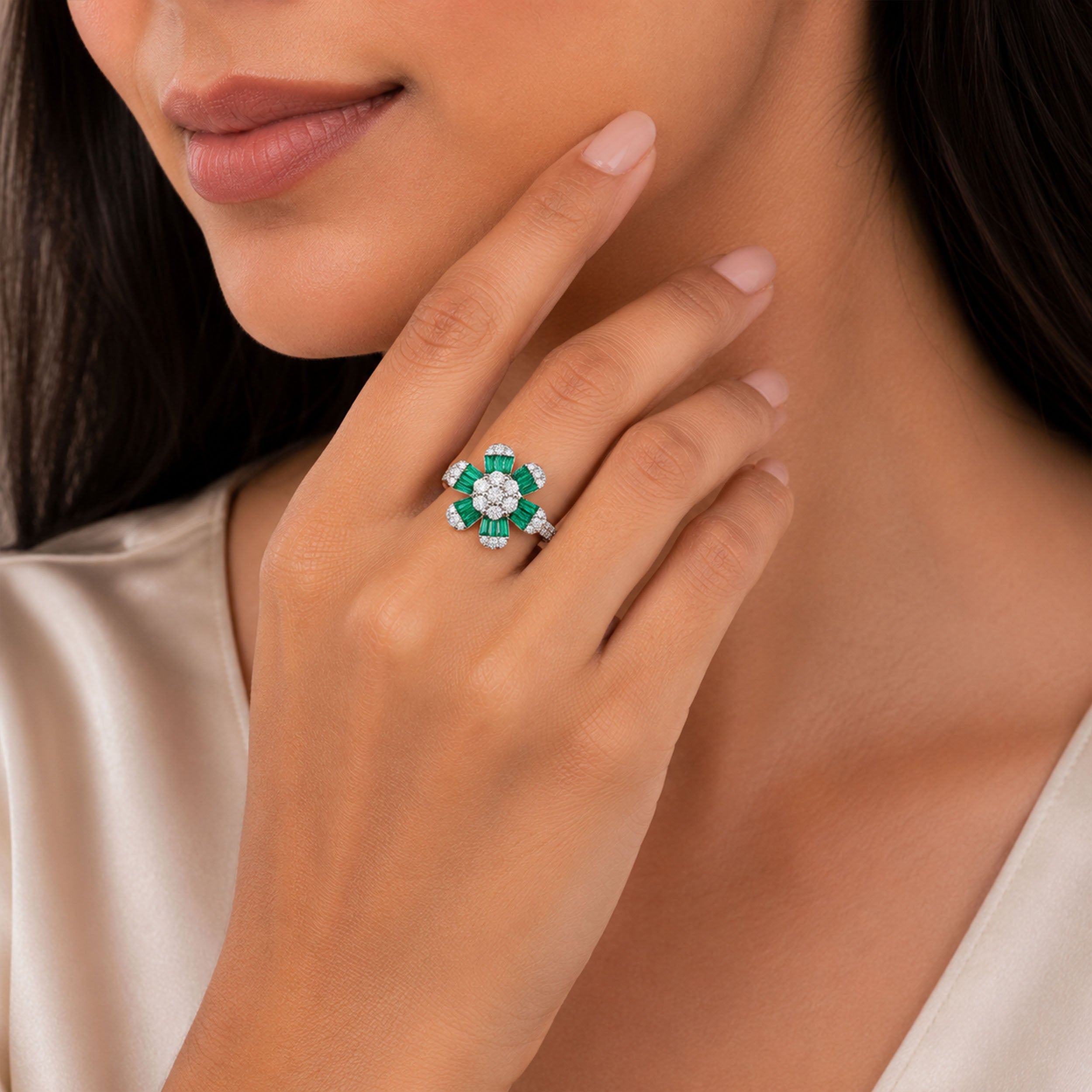 Green Blossom Grace 925 Sterling Silver Statement Ring