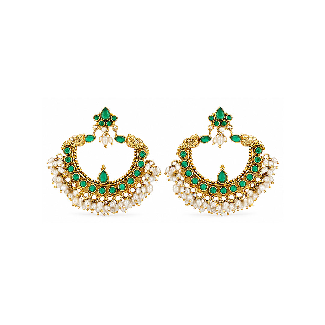Green Emerald Pearl Chandbali Earrings