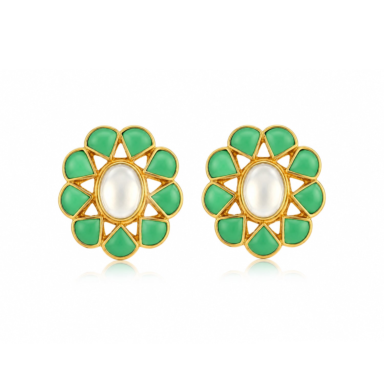 Green Floral Blossom 925 Sterling Silver Oval Stud