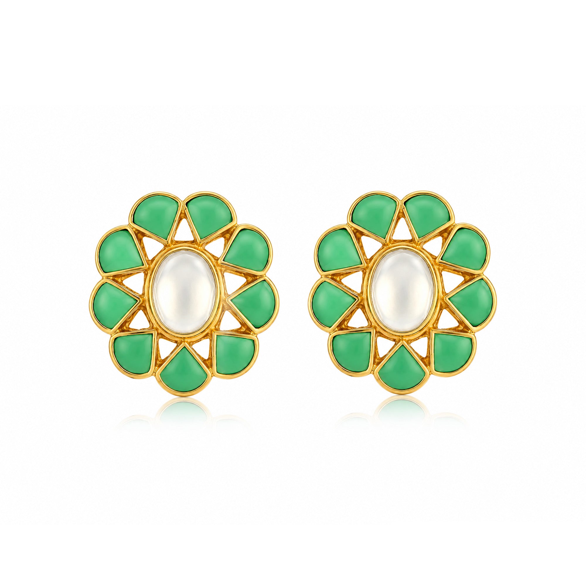 Green Floral Blossom 925 Sterling Silver Oval Stud