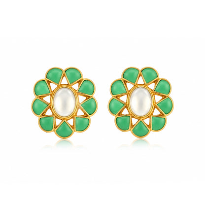 Green Floral Blossom 925 Sterling Silver Oval Stud