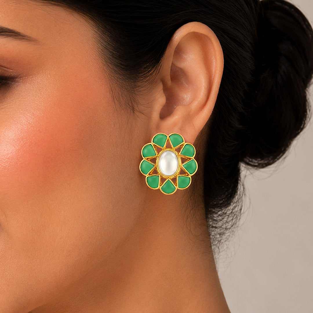 Green Floral Blossom 925 Sterling Silver Oval Stud