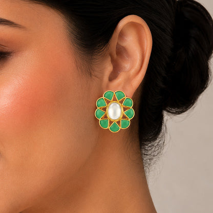 Green Floral Blossom 925 Sterling Silver Oval Stud