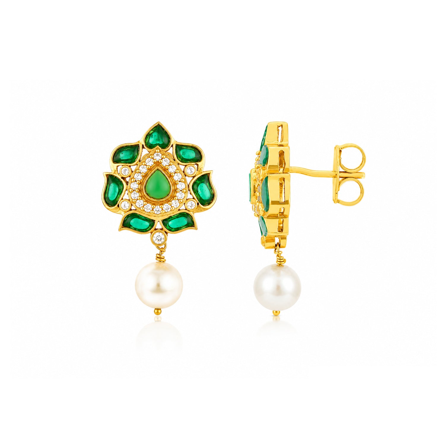 Green Petal Golden 925 Sterling Silver Pearl Drop Earrings
