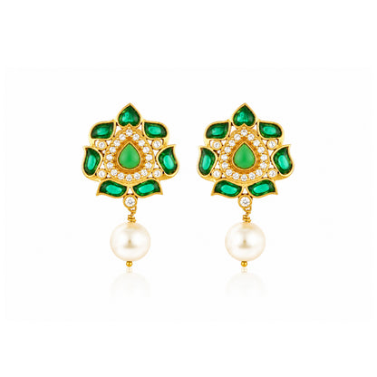 Green Petal Golden 925 Sterling Silver Pearl Drop Earrings