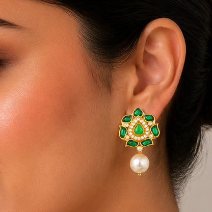 Green Petal Golden 925 Sterling Silver Pearl Drop Earrings