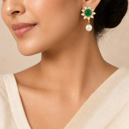 Green Sunflower Kundan 925 Sterling Silver Pearl Earrings