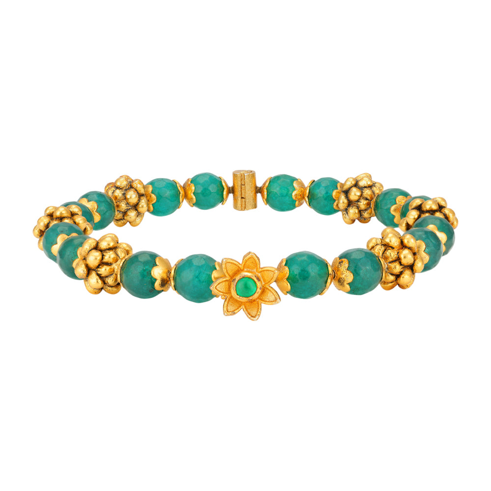 Green Beads 925 Gold Plated Floral Petals Bangles