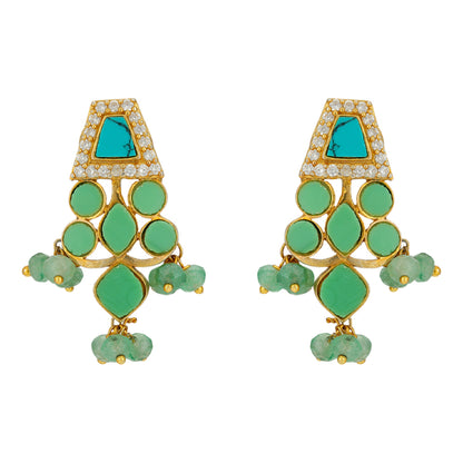 Green Beads Drop Turquoise 925 Gold Plated Earrings