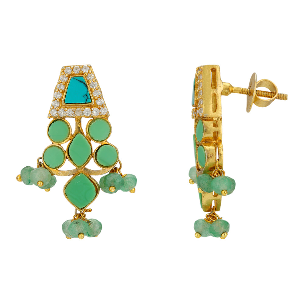 Green Beads Drop Turquoise 925 Gold Plated Earrings