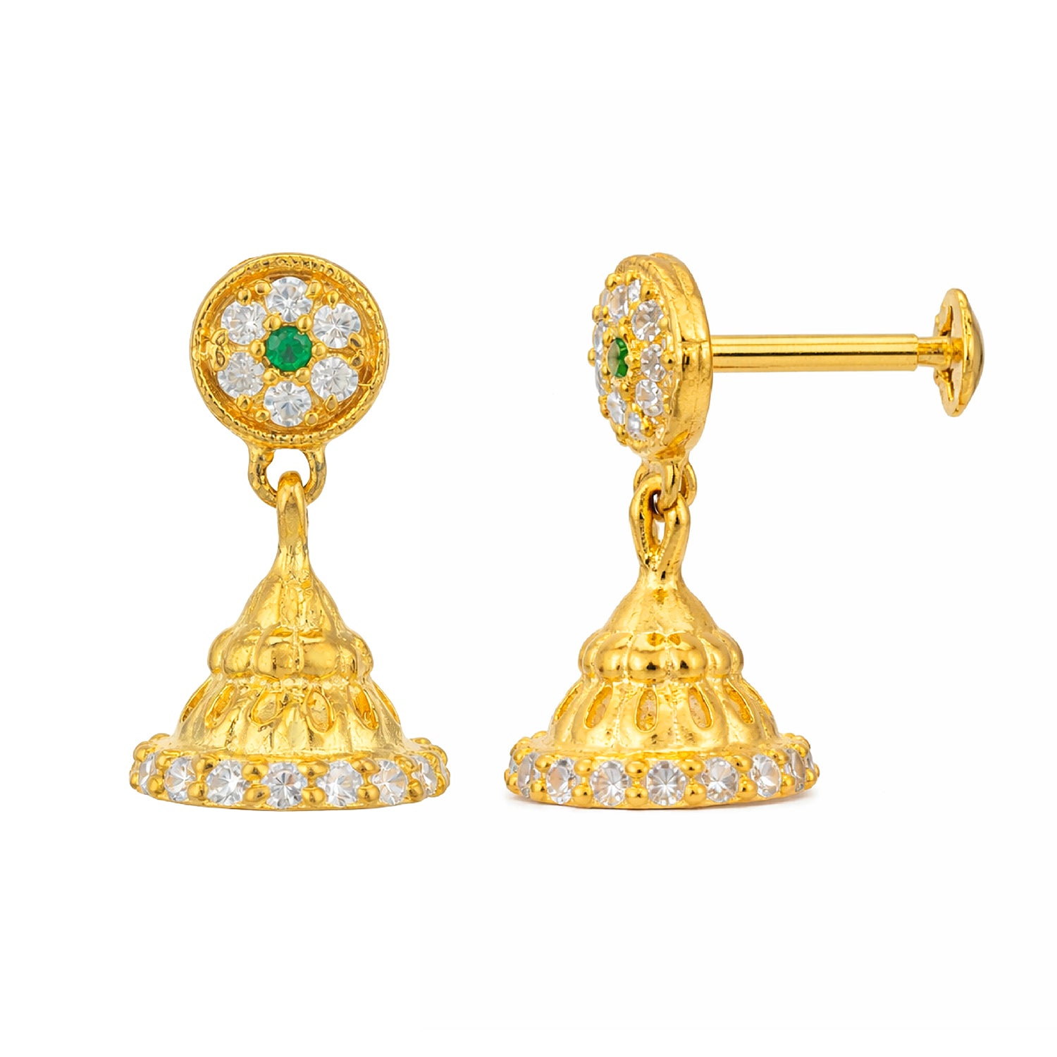 Gold earrings with green gemstones on a white background
