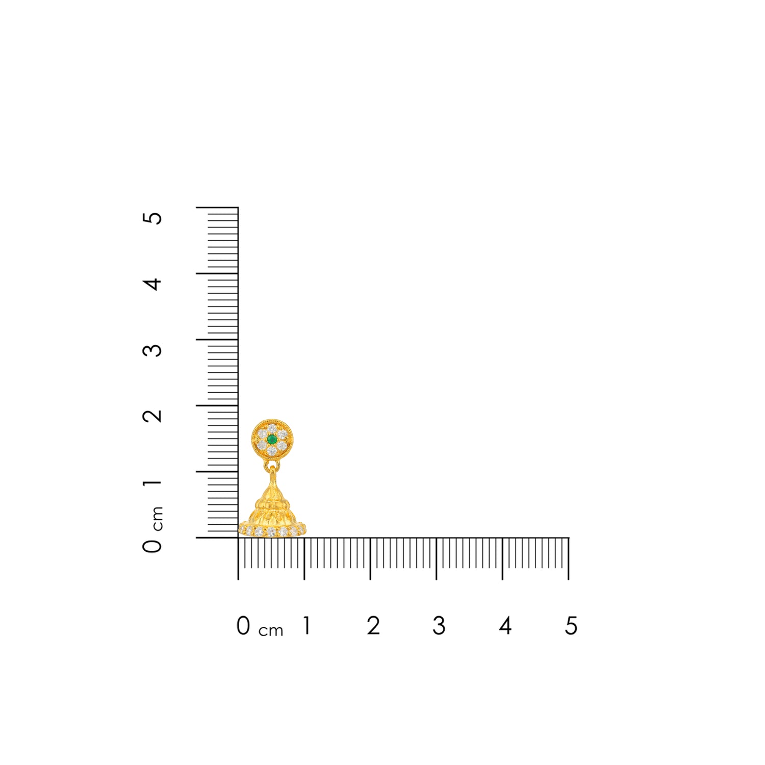 Gold earring with green gemstone on a ruler for scale