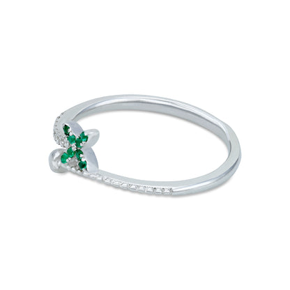 Green Butterfly Pattern 925 Sterling Silver Heart Overlap Ring for Women