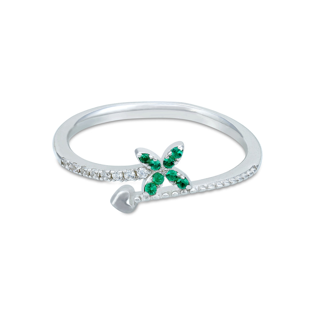 Green Butterfly Pattern 925 Sterling Silver Heart Overlap Ring for Women