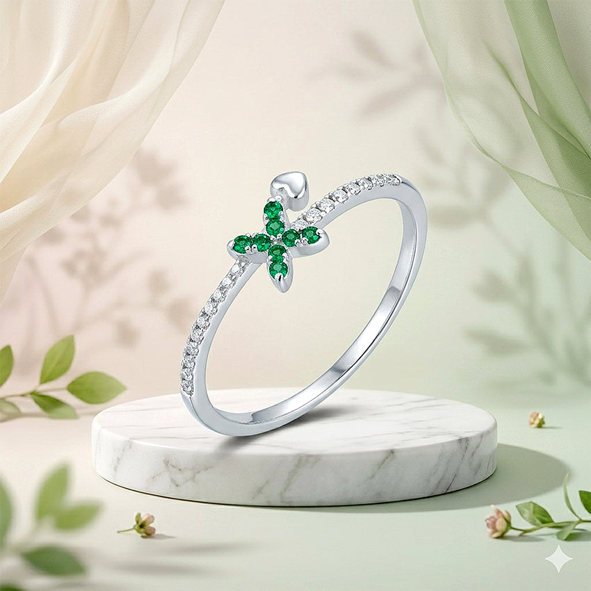 Green Butterfly Pattern 925 Sterling Silver Heart Overlap Ring for Women
