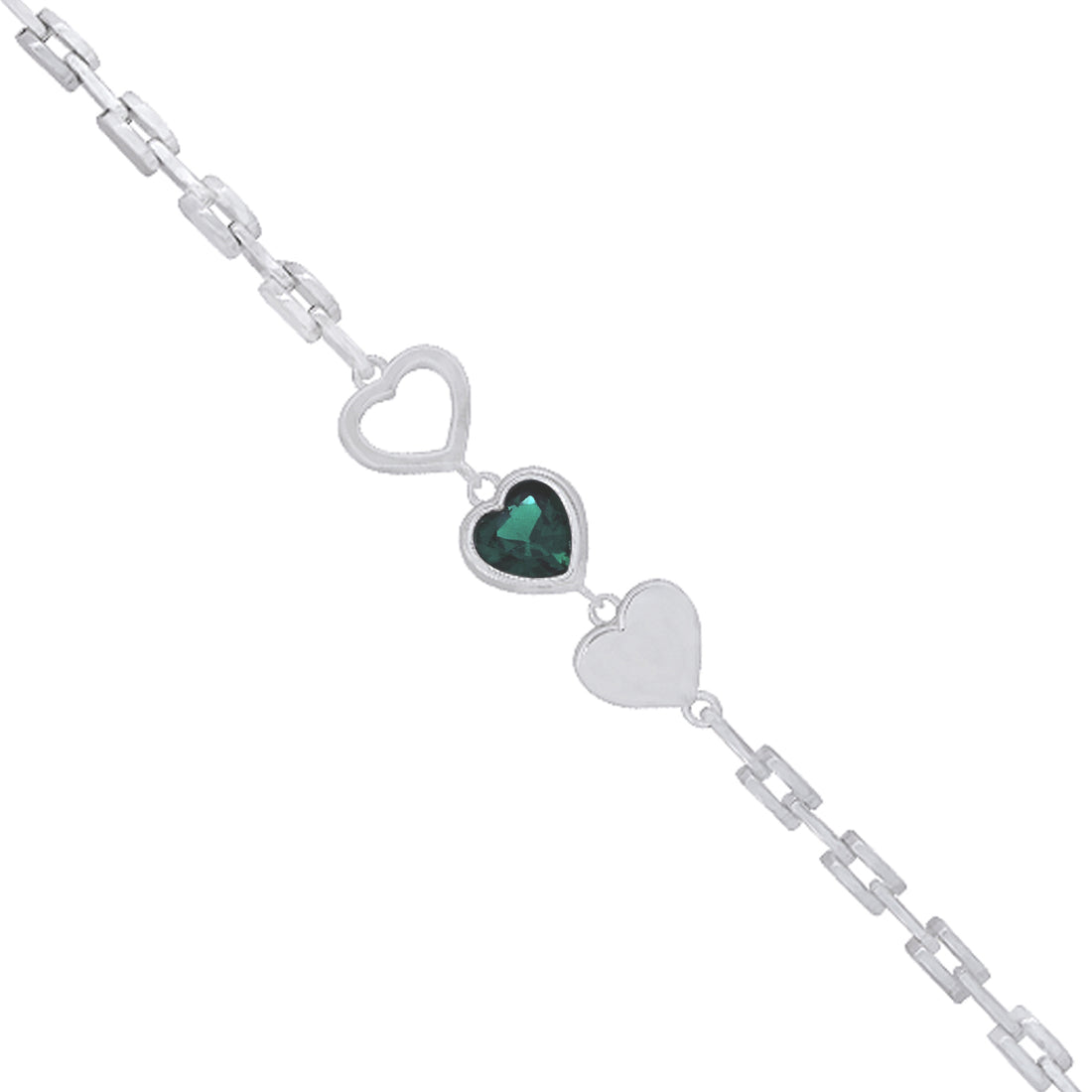 Green Centered Triple Heart 925 Rhodium Intricate Link Bracelets
