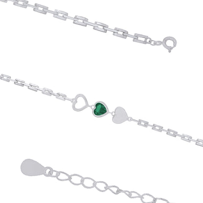 Green Centered Triple Heart Rhodium Intricate Link Bracelets