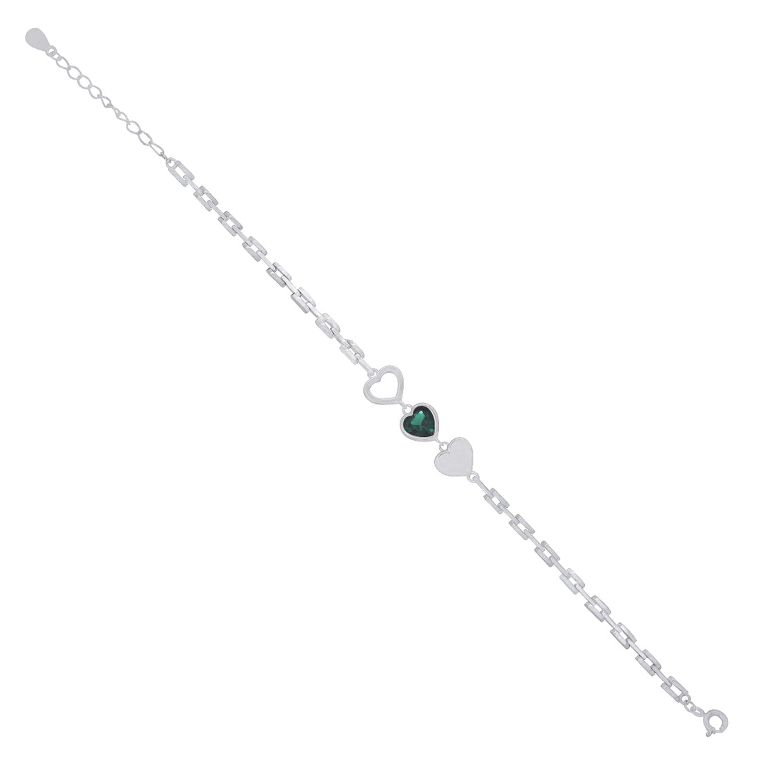Green Centered Triple Heart Rhodium Plated Intricate Link Bracelets