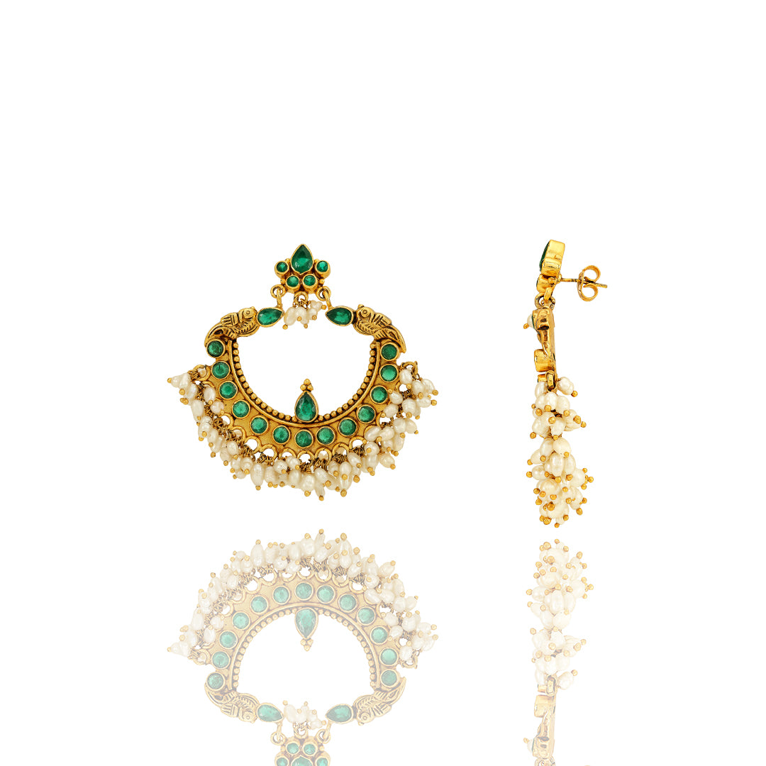 Green Emerald Pearl Chandbali Earrings
