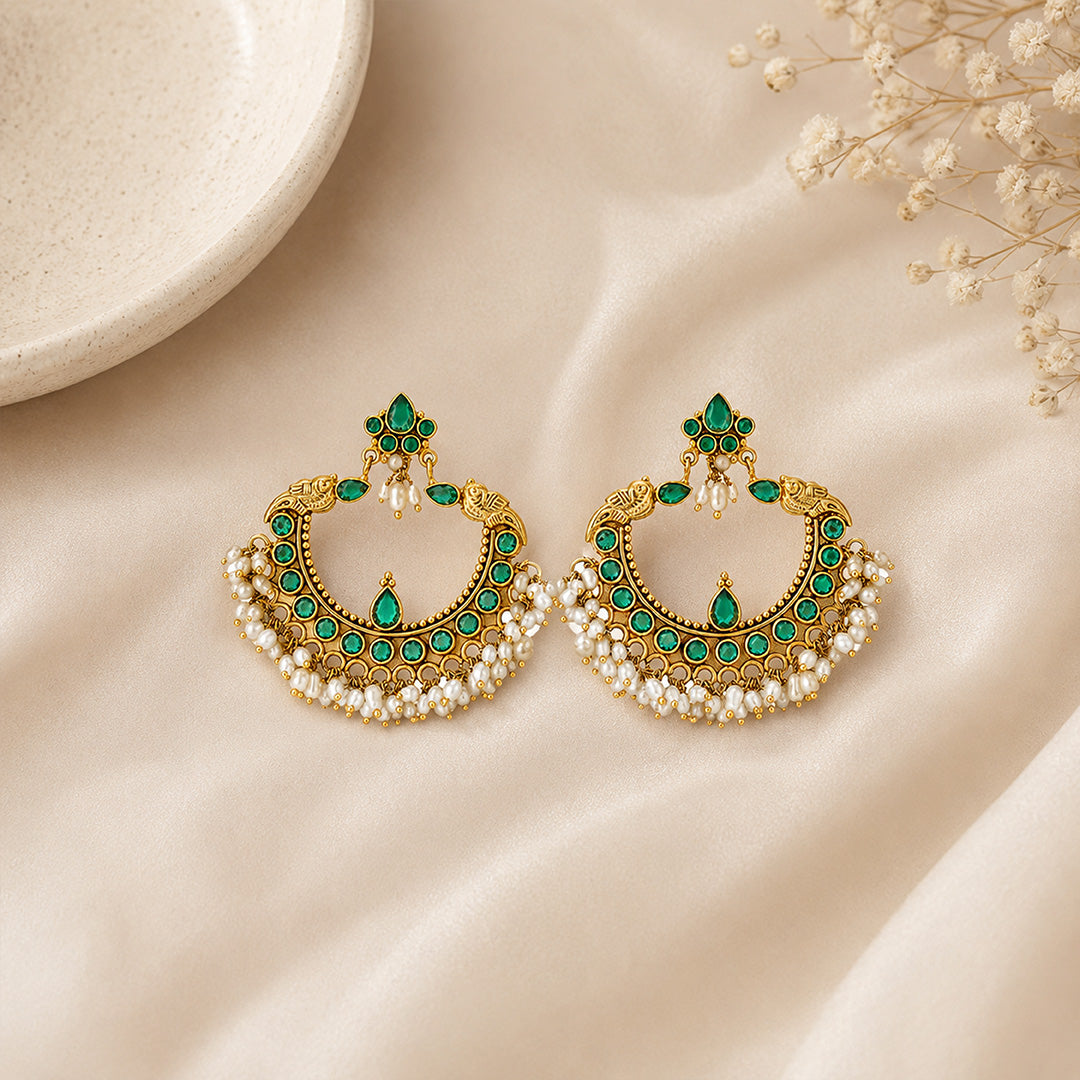 Green Emerald Pearl Chandbali Earrings