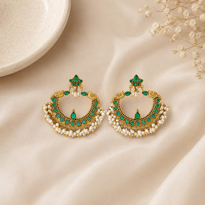 Green Emerald Pearl Chandbali Earrings