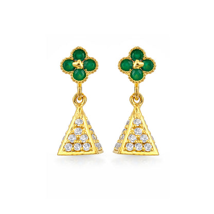 Gold earrings with green clover and triangle designs on a white background