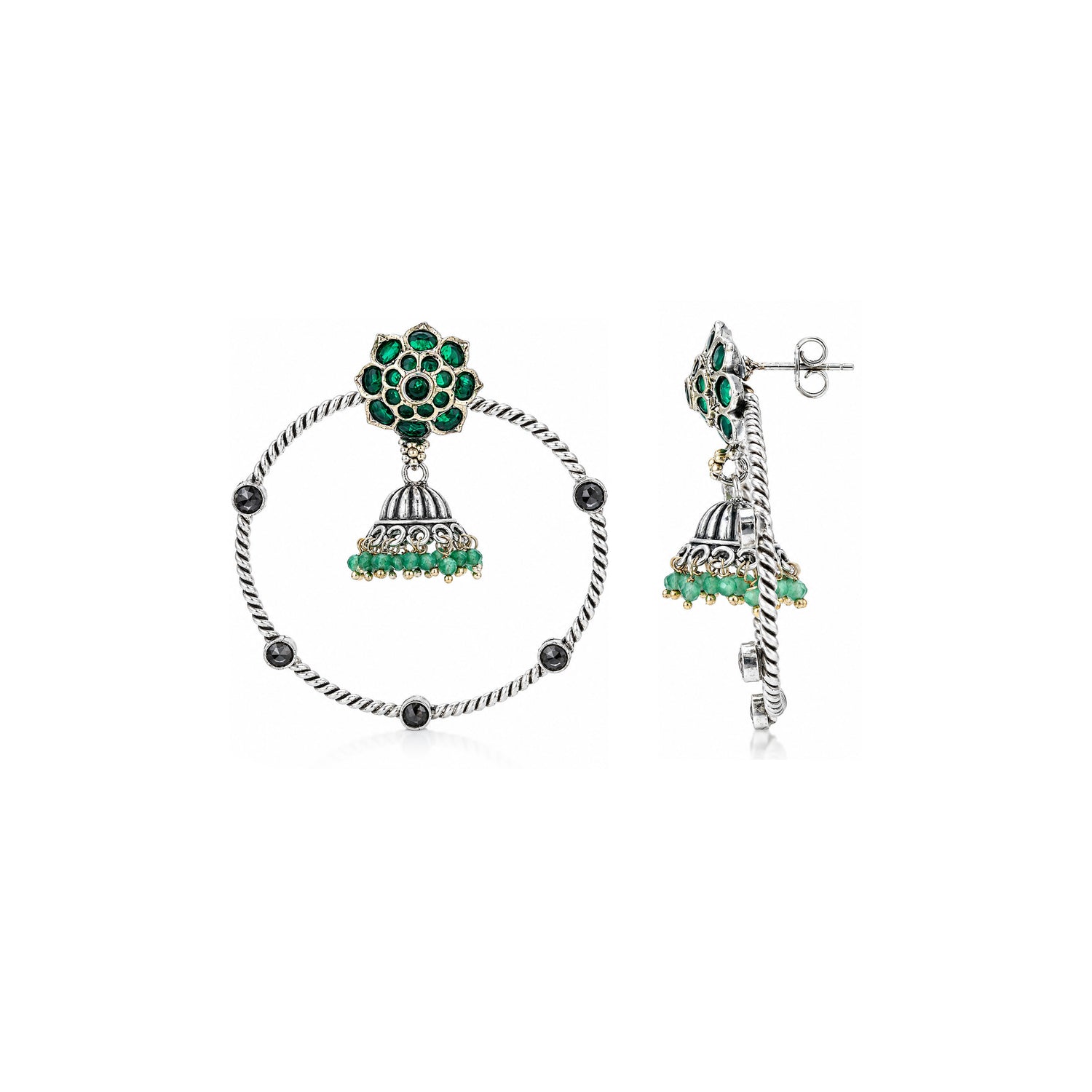 Green Floral 925 Sterling Silver Jhumka Drop Earrings