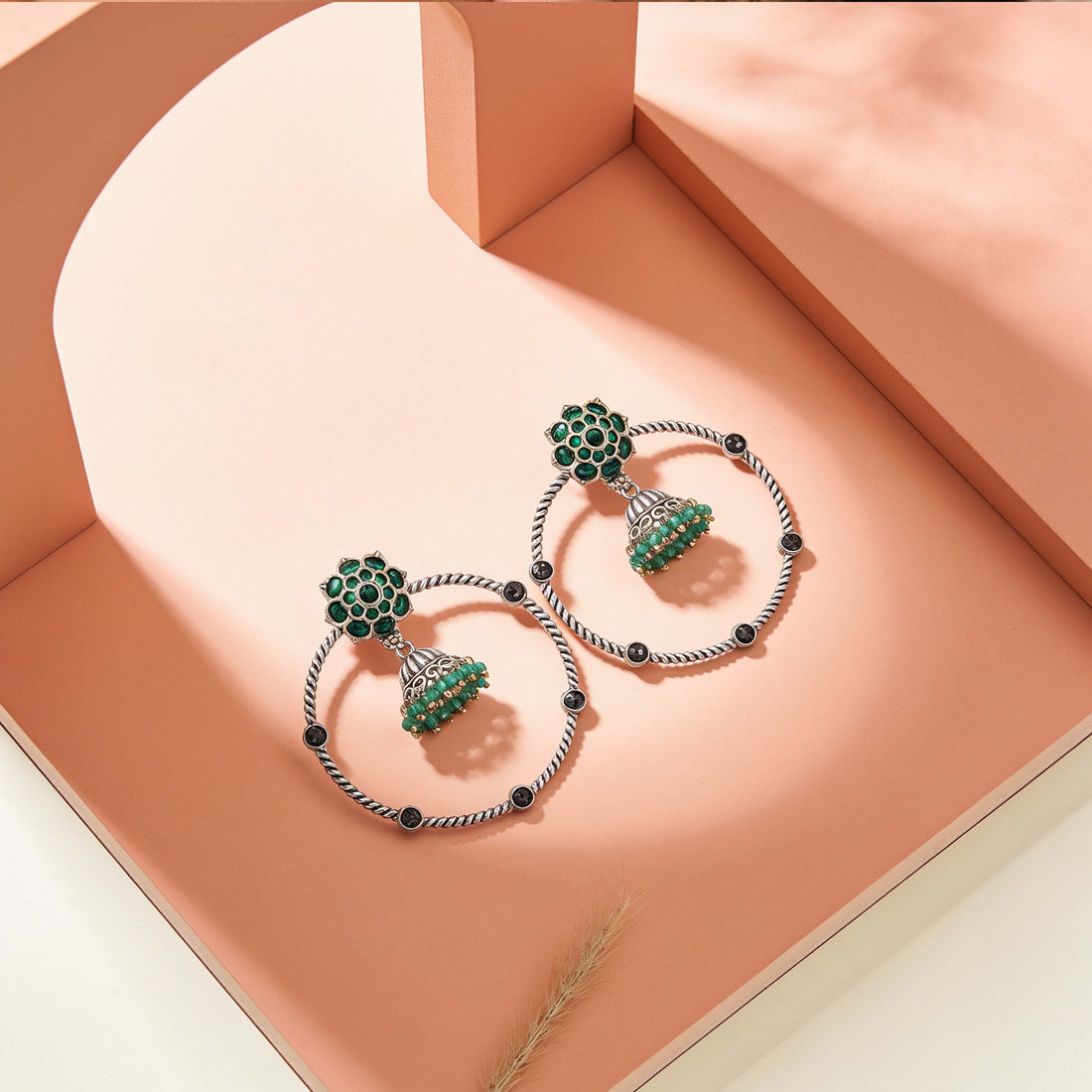 Green Floral 925 Sterling Silver Jhumka Drop Earrings