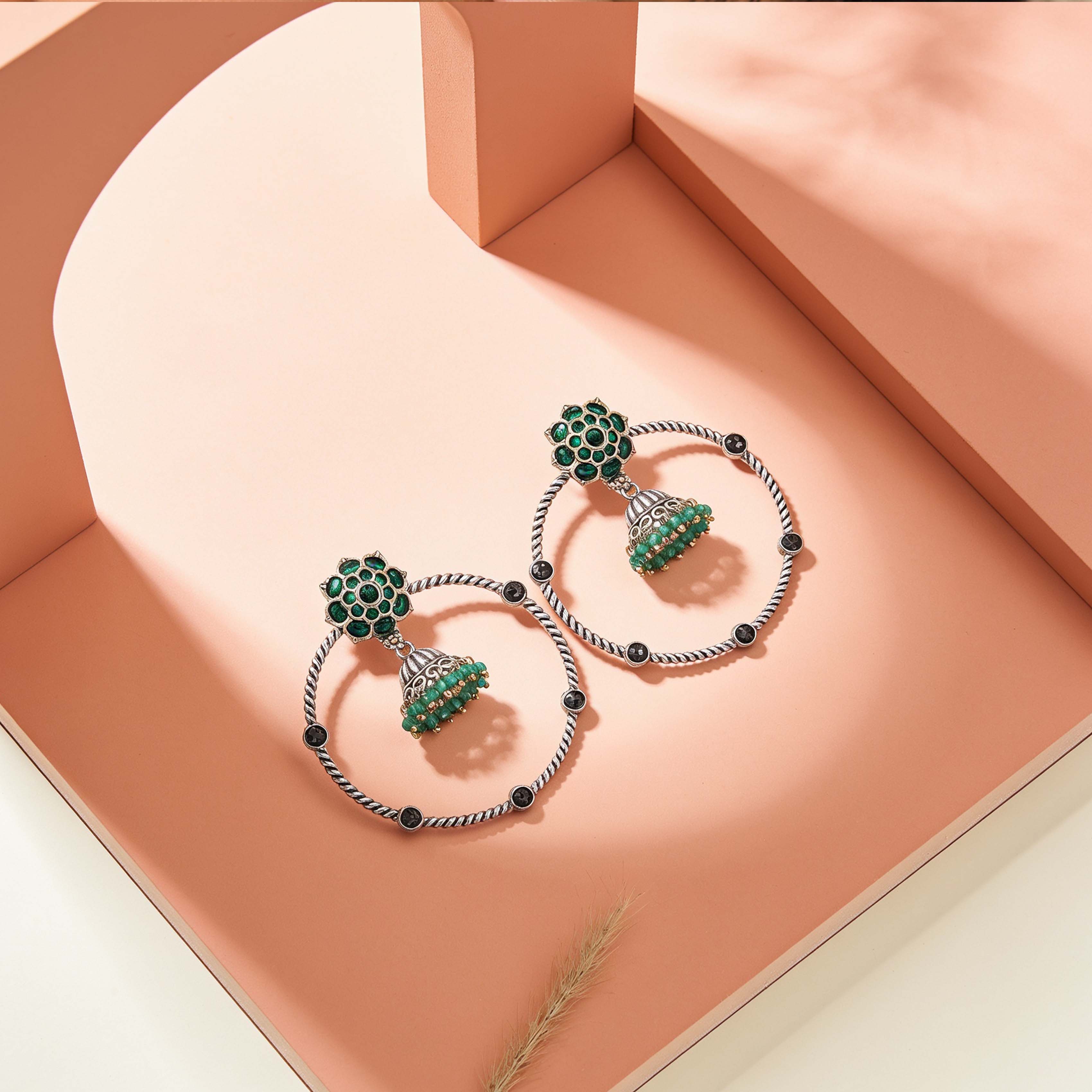 Green Floral 925 Sterling Silver Jhumka Drop Earrings