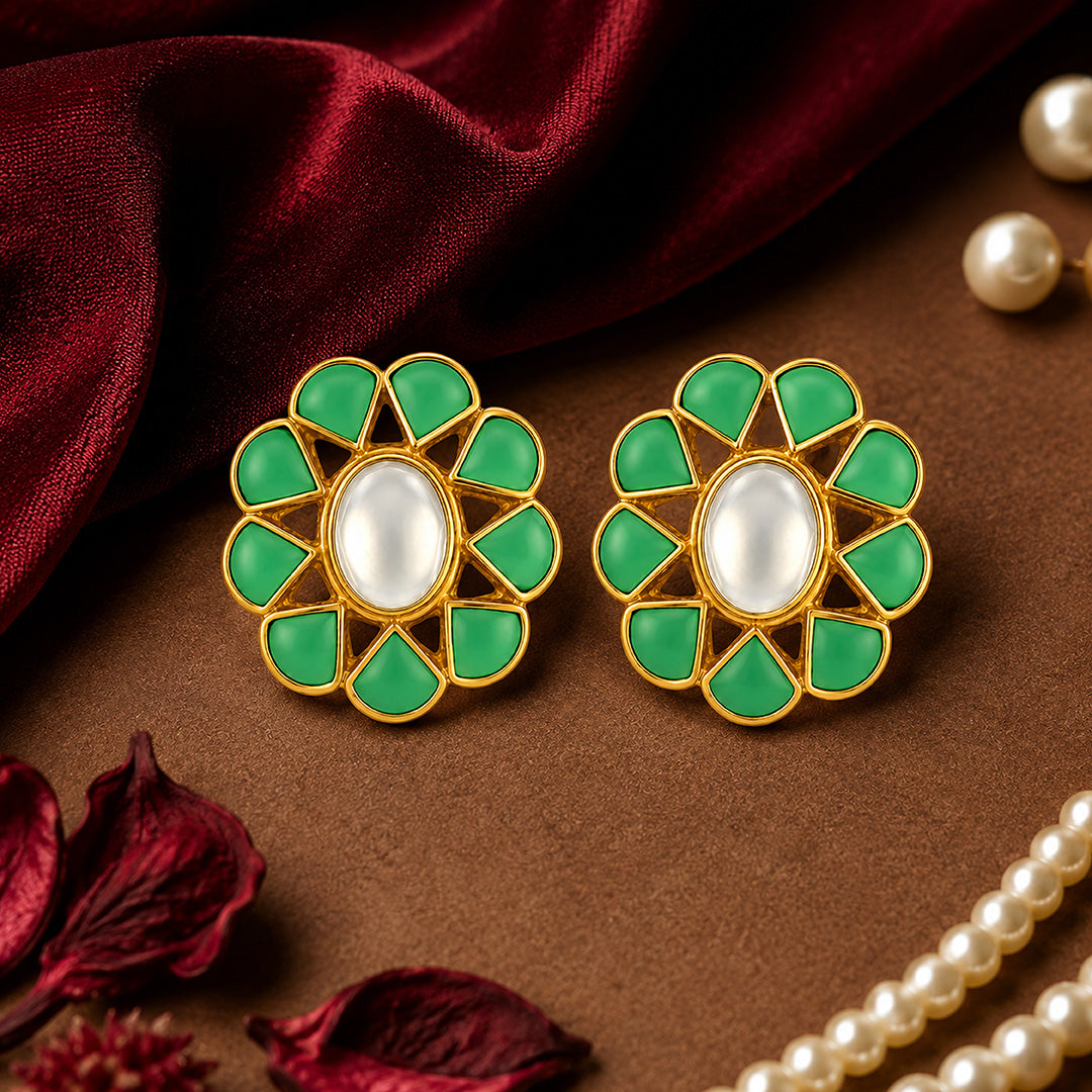Green Floral Blossom 925 Sterling Silver Oval Stud
