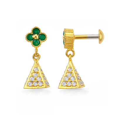 Gold earrings with green gemstone and triangle design on a white background