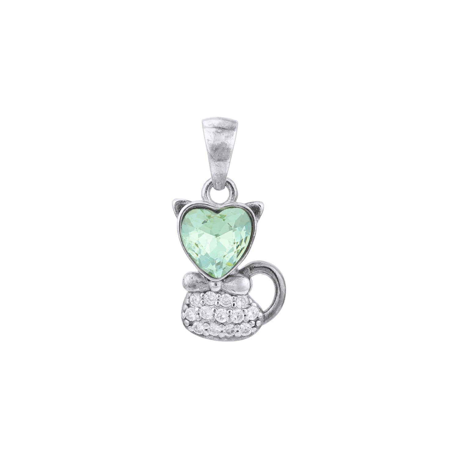 Silver pendant with a green heart-shaped gem on a white background