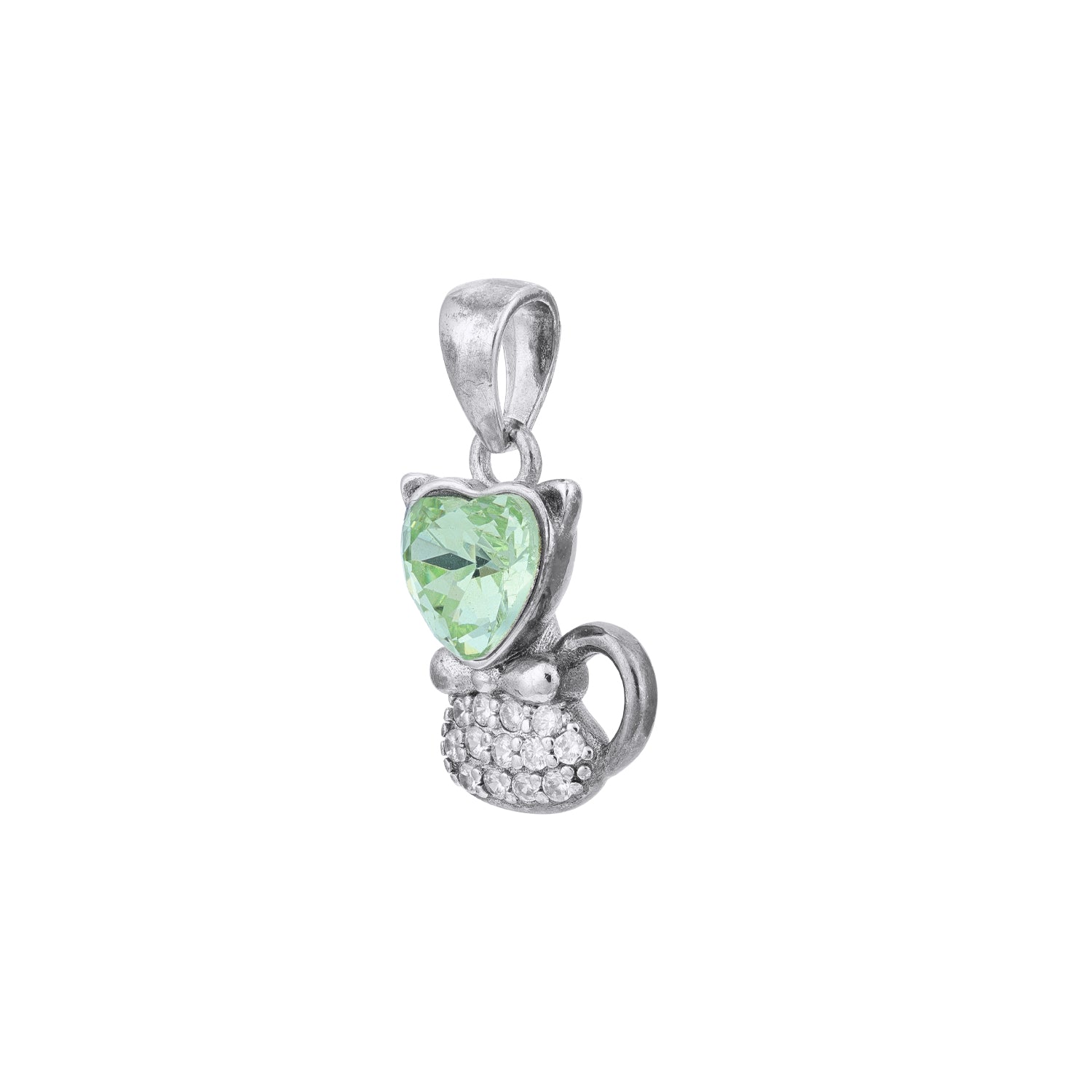 Silver pendant with a green heart-shaped gemstone on a white background