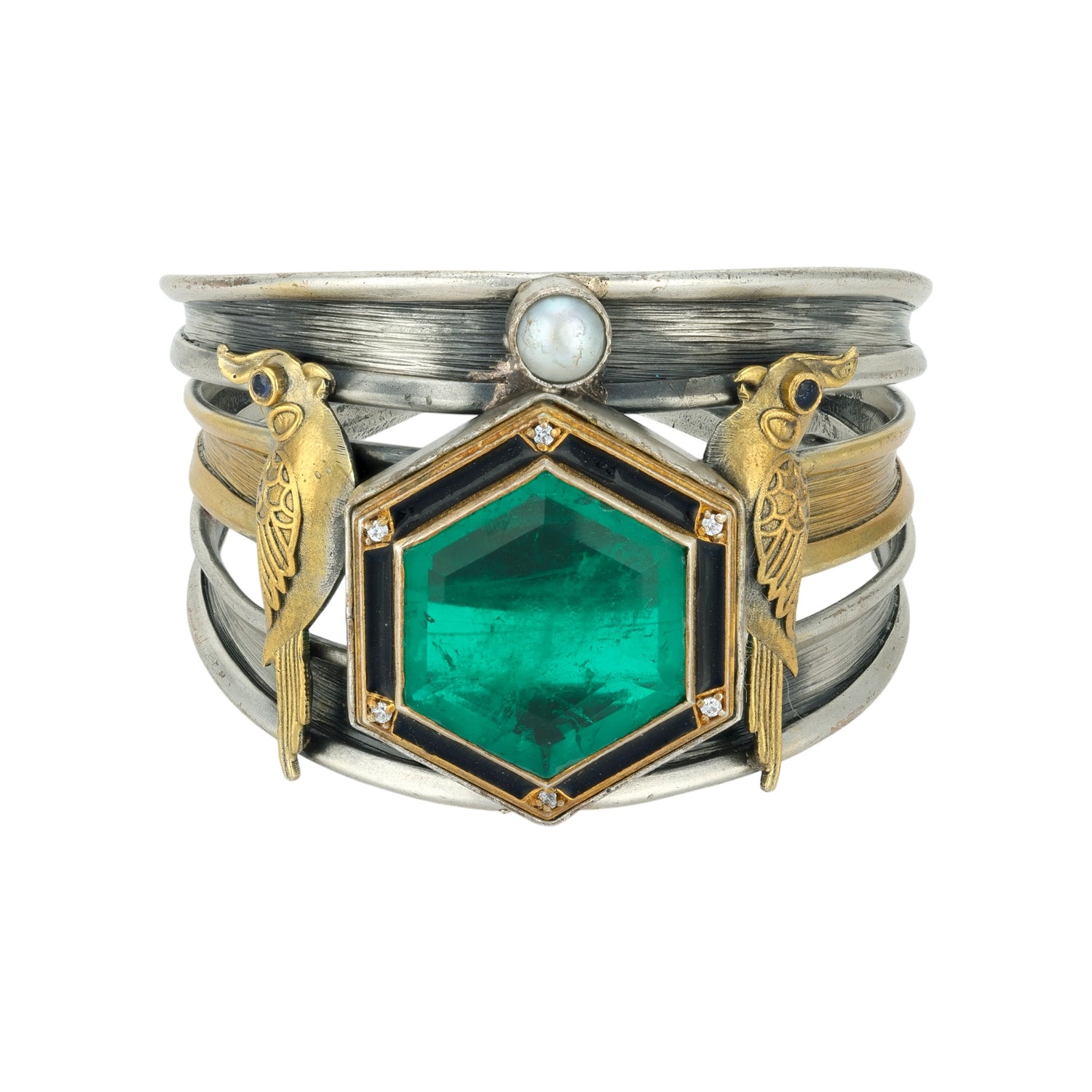 Green Hexagon Gem 925 Sterling Silver Cuff