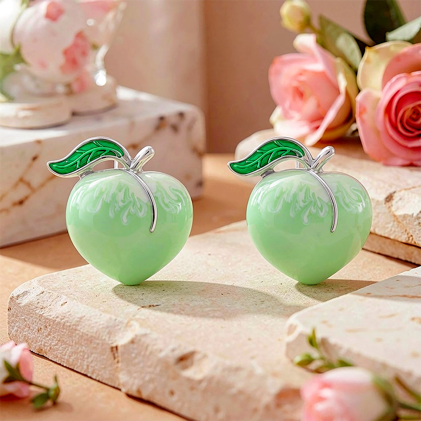 Green Peach Charm 925 Sterling Silver Stud for Kids