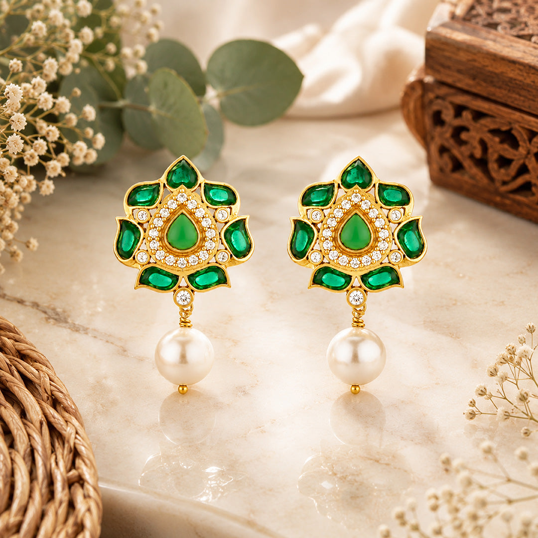 Green Petal Golden 925 Sterling Silver Pearl Drop Earrings