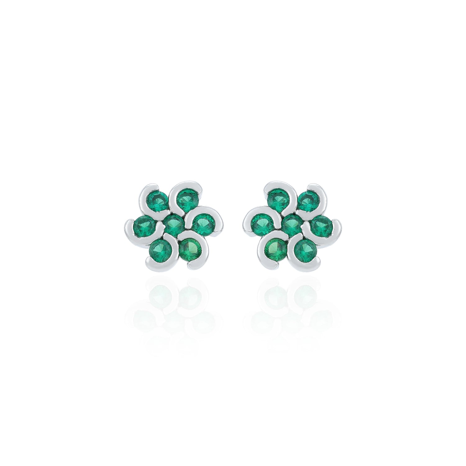 Green Stone Flower Rhodium Plated 925 Sterling Silver Stud Earrings for Women