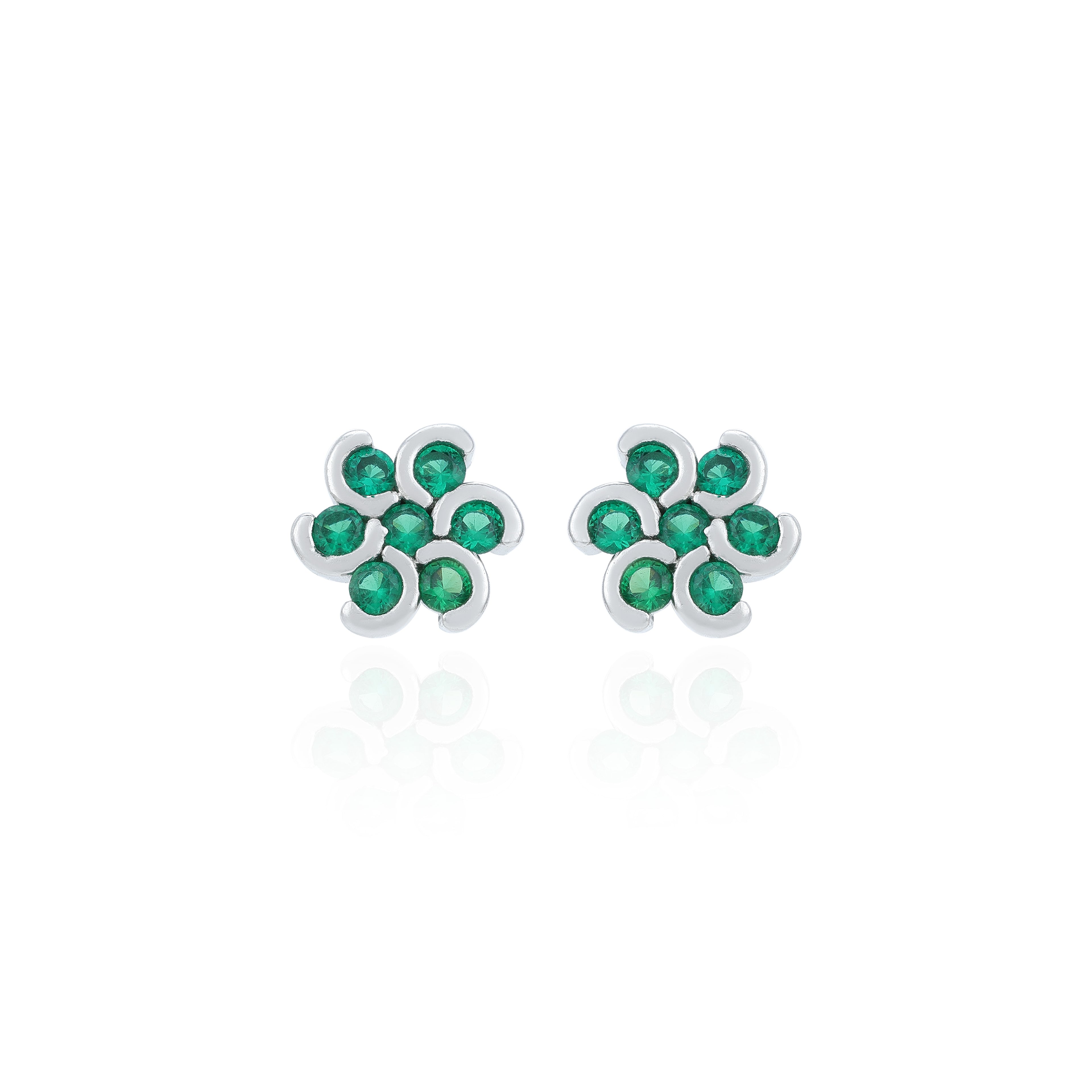 Green Stone Flower Rhodium Plated 925 Sterling Silver Stud Earrings for Women