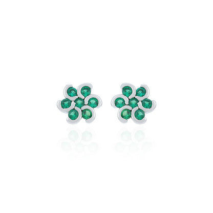 Green Stone Flower Rhodium Plated 925 Sterling Silver Stud Earrings for Women