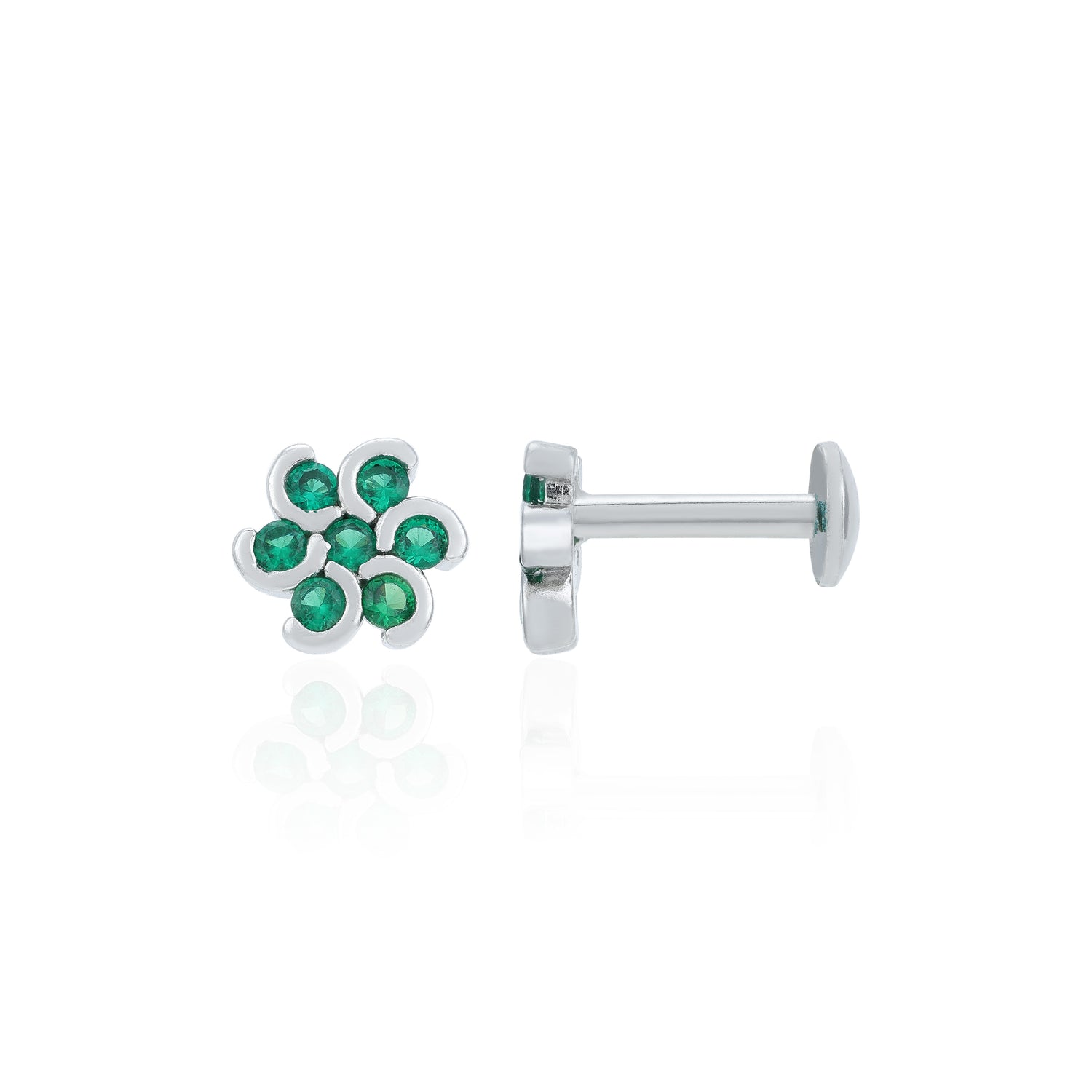 Green Stone Flower Rhodium Plated 925 Sterling Silver Stud Earrings for Women