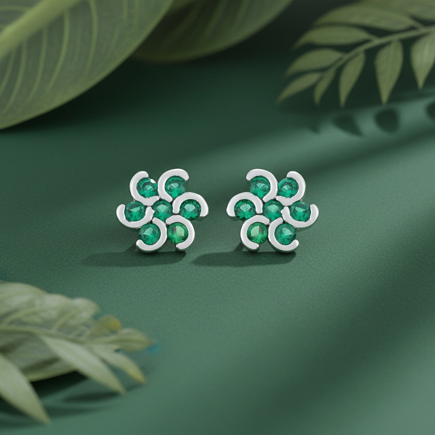 Green Stone Flower Rhodium Plated 925 Sterling Silver Stud Earrings for Women