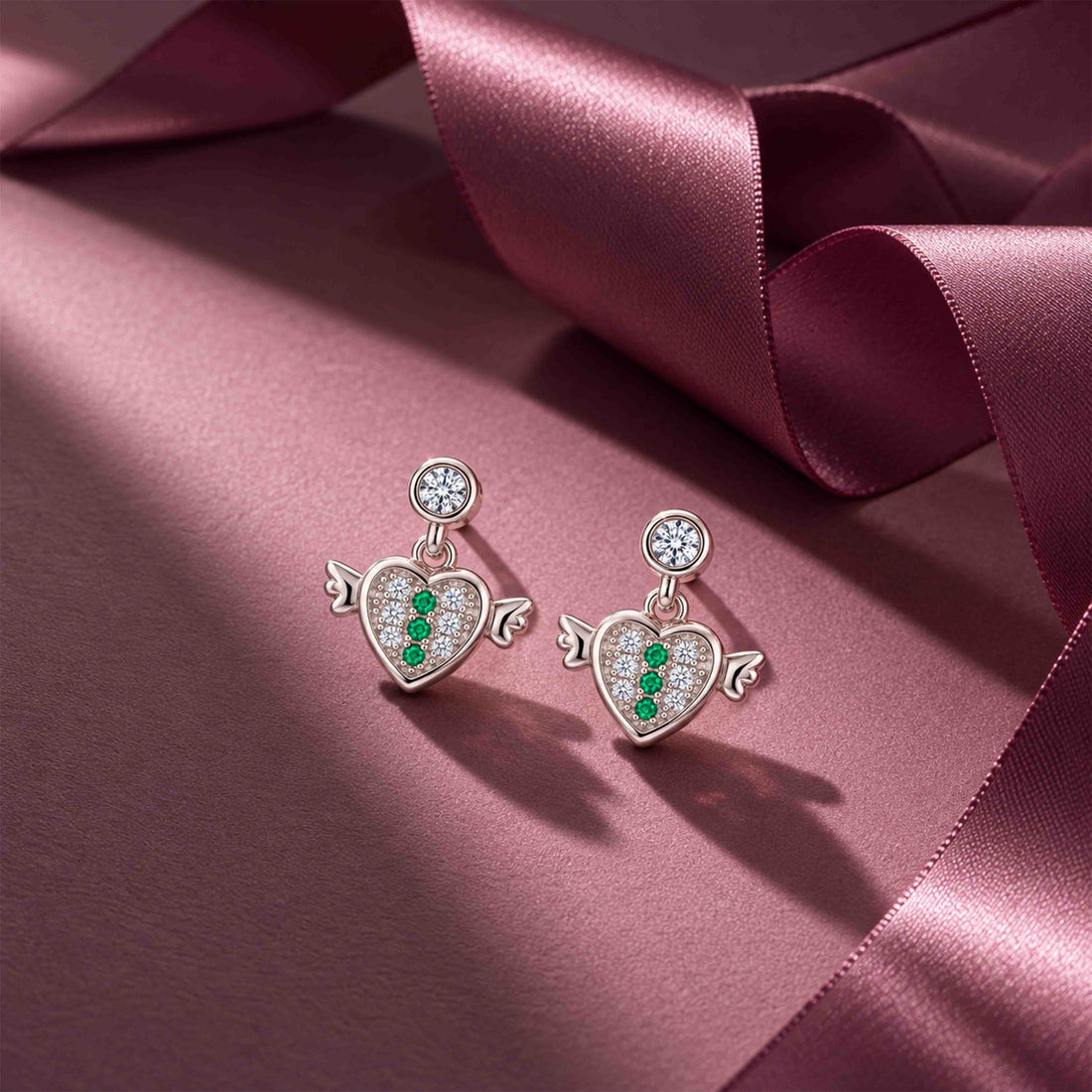 Green Stone Winged Heart Sterling Silver Earring
