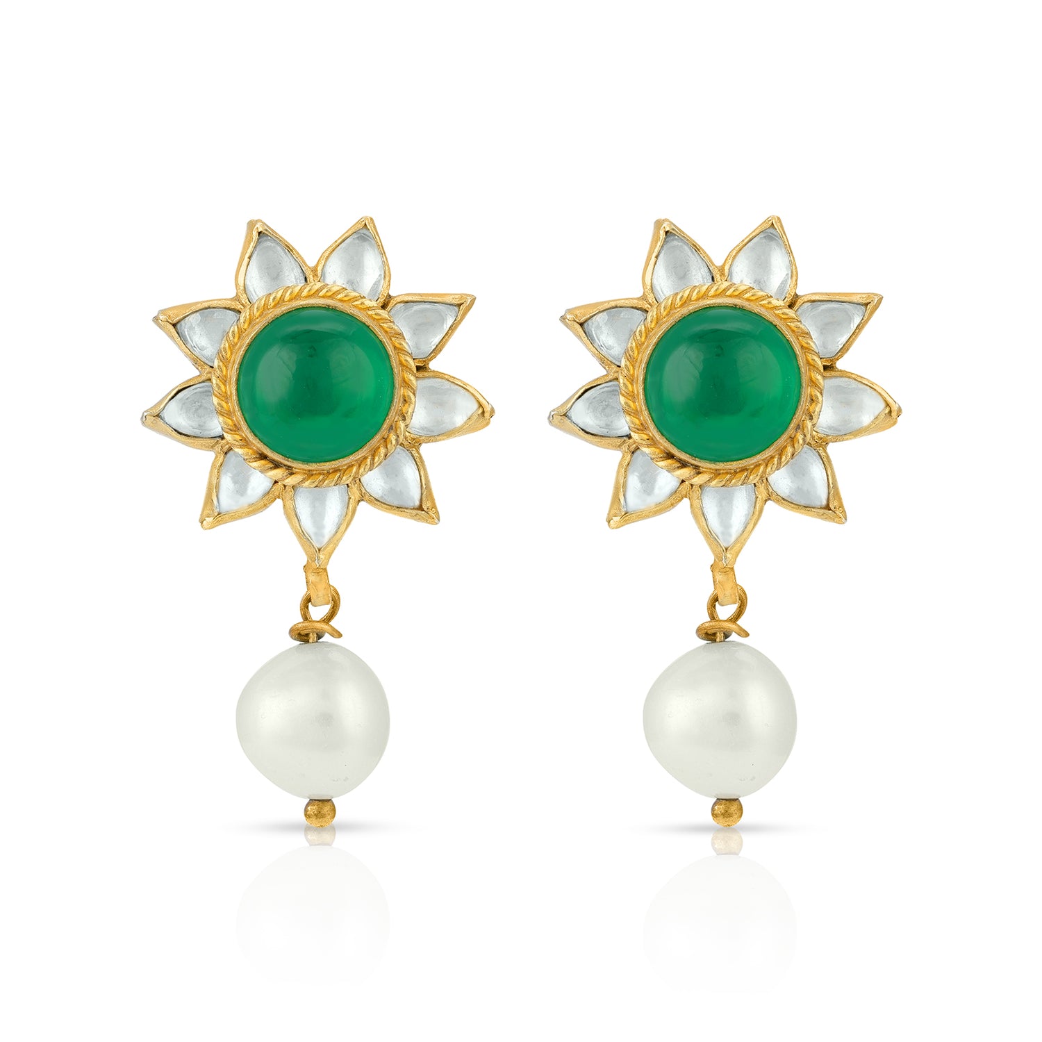 Green Sunflower Kundan 925 Sterling Silver Pearl Earrings