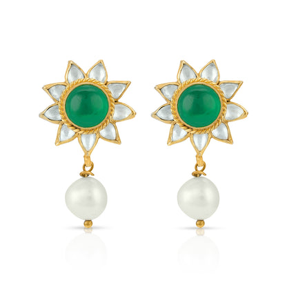 Green Sunflower Kundan 925 Sterling Silver Pearl Earrings